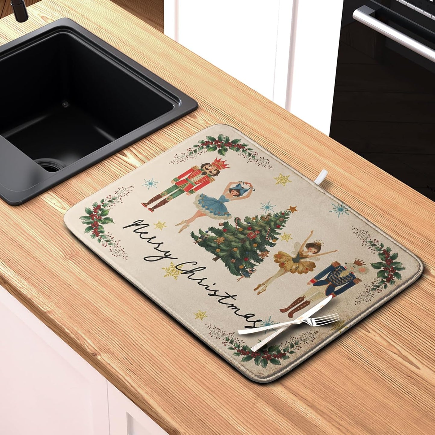 Merry Christmas Nutcracker Dish Drying Mat for Kitchen Counter 18x24 Inch Winter Xmas Tree Snowflakes Drying Mats Microfiber Absorbent Dish Drainer Washable Dish Rack Pad for Sink Coffee Bar