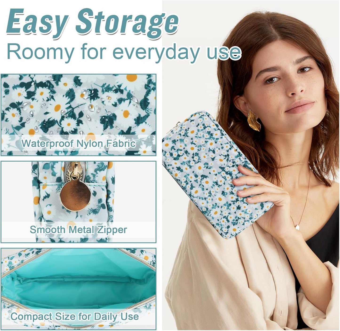 Nylon Small Floral Makeup Bag for Purse, Cute Preppy Makeup Bag Flower Cosmetic Zipper Pouch Purse, Waterproof Portable Travel Toiletry Makeup Brush Coin Pouch Organizer Storage for Women(Green-Daisy)