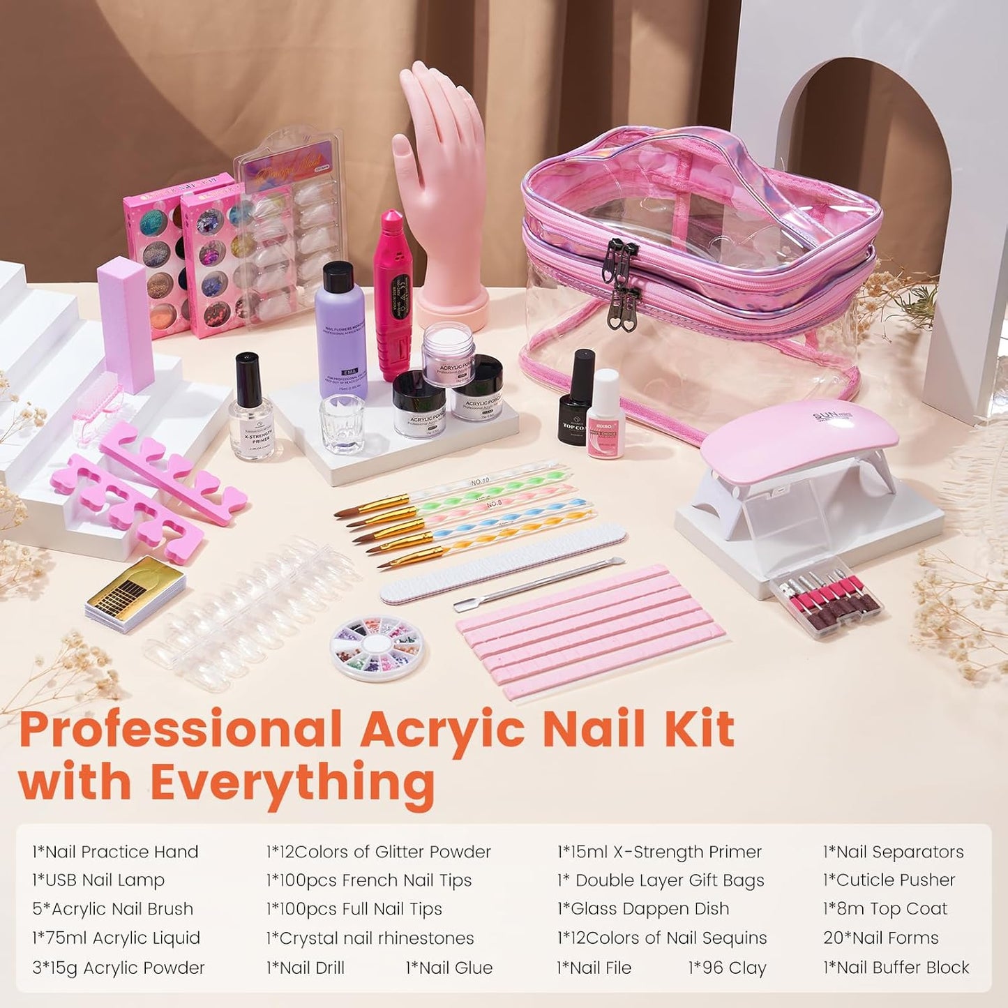 Acrylic Nail Kit with Everything: Beginners Practice Hand Acrylic Nail Powder Liquid Set with U V Lamp Drill in Gift Bag for Home Salon(Pink Bag)