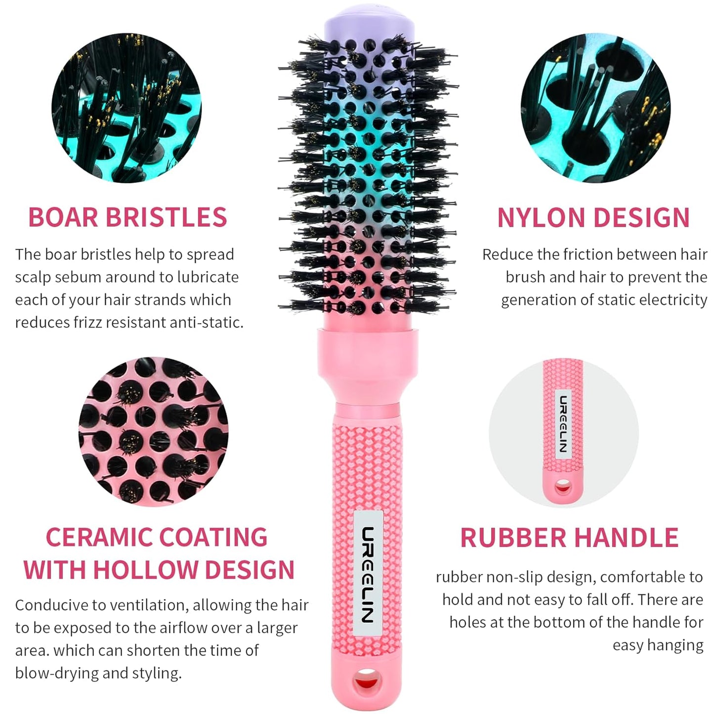 Round Brush for Blow Out - 1.3 Inch Small Nano Thermal Ceramic & Ionic with Boar Bristles - Salon Blow Drying Hair Brush for Drying,Volumizing, Curling, Shine & Smooth Styling