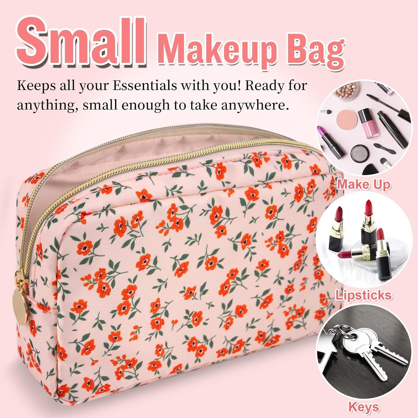 Nylon Small Floral Makeup Bag for Purse, Cute Preppy Pink Makeup Bag Flower Cosmetic Zipper Pouch, Waterproof Portable Travel Toiletry Makeup Brush Bag Organizer Storage for Women Girls(Pink-Floral)