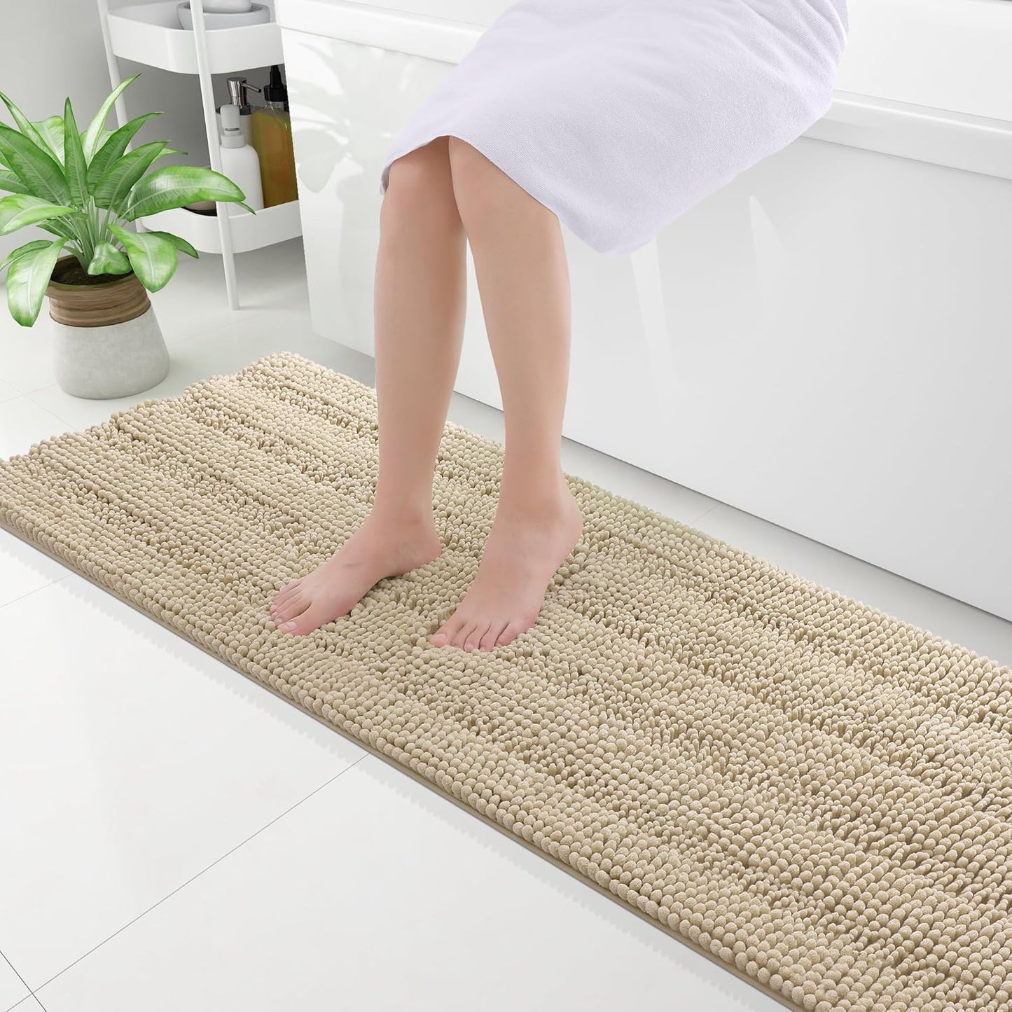 Grandaily Chenille Striped Bathroom Rugs 59x20, Extra Thick and Absorbent Bath Mats, Non-Slip Soft Plush Shaggy Shower Carpet, Machine Wash Dry, Bath Rug for Bathroom, Beige