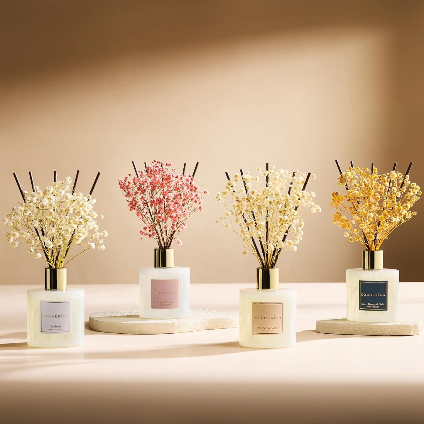 Cocorrína Premium Reed Diffuser Set with Preserved Baby's Breath & Cotton Stick Sandalwood Rose | 6.7oz Scent Fragrance Oil Diffuser for Bedroom Bathroom Home Décor