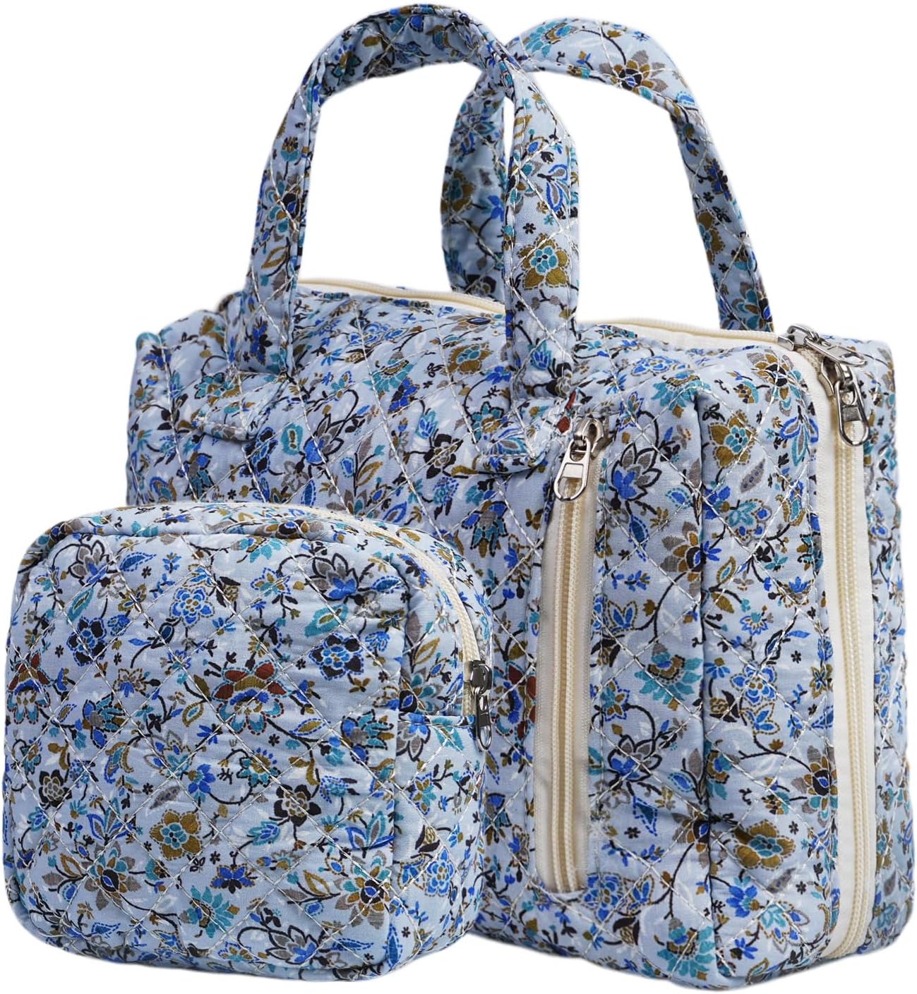 Cute Quilted Floral Makeup Bag(2Pcs)，Coquette Aesthetic Cosmetic Bag，Travel Toiletry Bags， Kawaii Aesthetic pouch for Women (14-BlueVine)