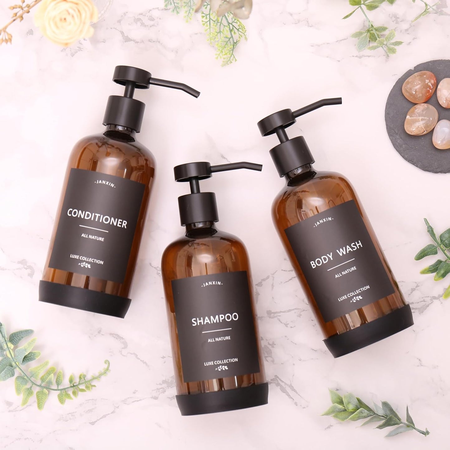 Shampoo and Conditioner Dispenser Set of 3,Refillable 21oz Shampoo Bottles with Non-Slip Protective Silicone Pad,Shower Soap Dispenser with Waterproof Labels for Bathroom (Amber)