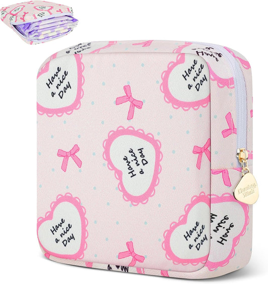 Desing Wish Sanitary Pad Storage Bag Portable Period Bag for Teen Pads/Sanitary Napkins/Small Tampons, Sanitary Napkin Storage Bag First Period Gifts for Teen Girls (Bowknot Heart)