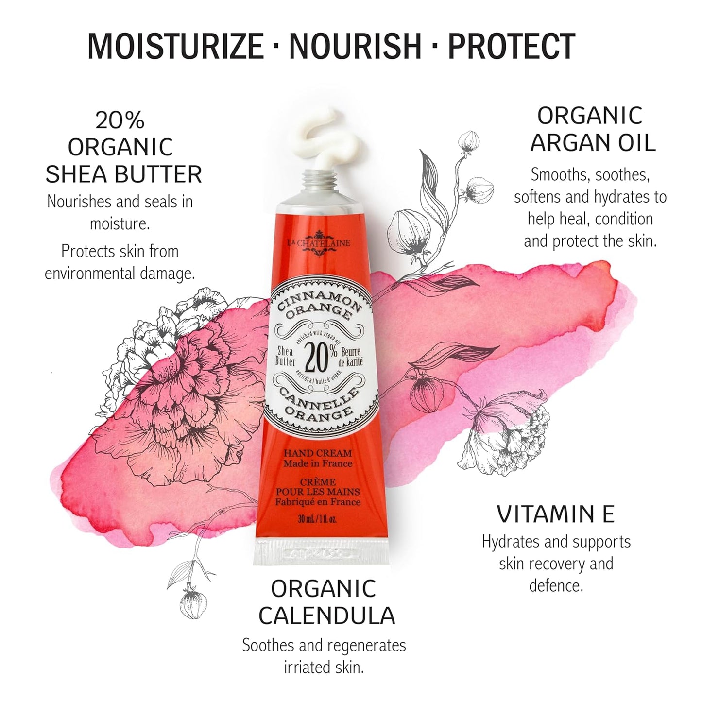 La Chatelaine 20% Shea Butter Hand Cream, Organic Argan Oil, Vitamin E, Moisturizing, Nourishing, Natural, Extra-Rich Lotion, Made in France, 1 oz / 30ml (Cinnamon Orange)