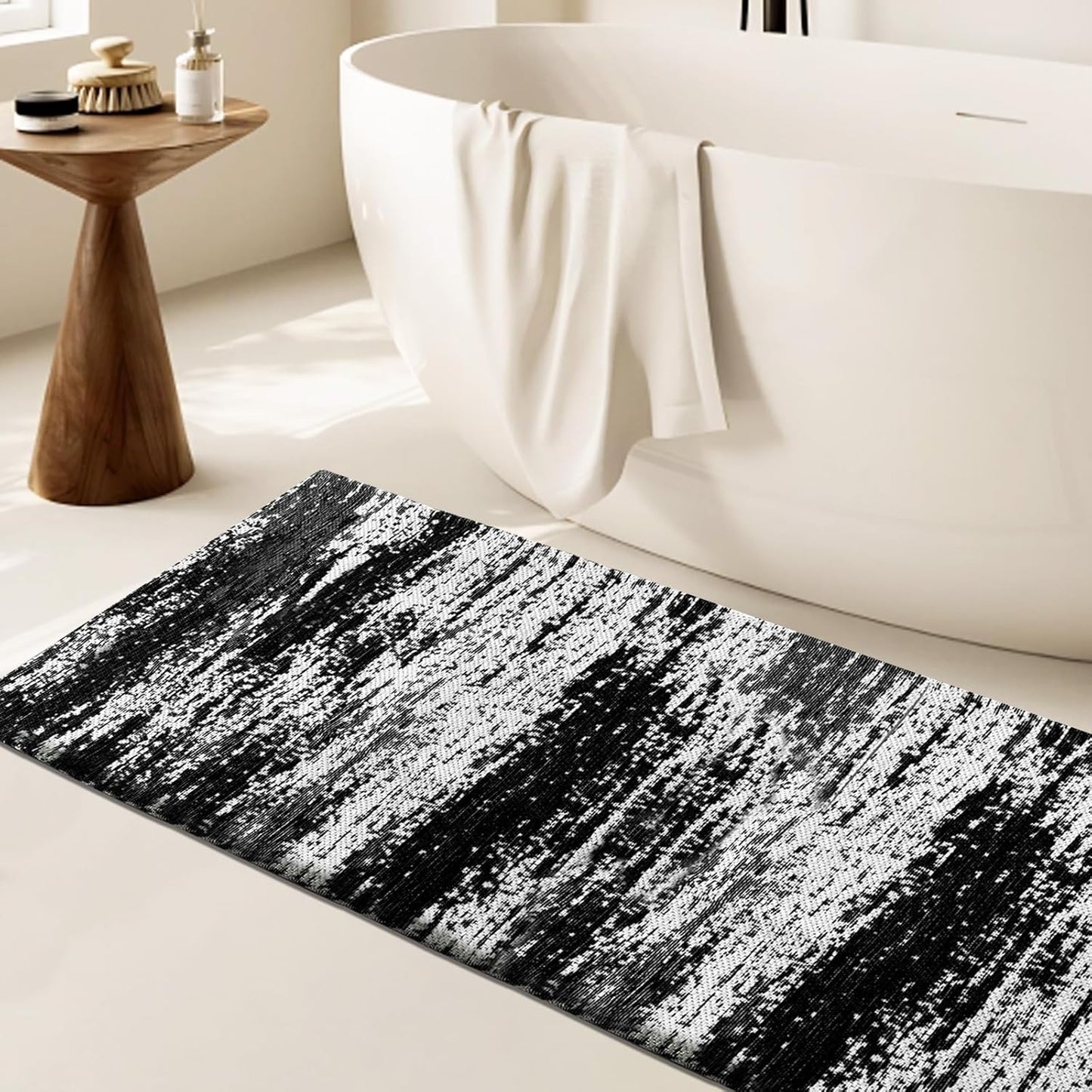 HDFK Graffiti Bath Mat | Non Slip Water Absorbent Quick Dry Woven Floor Mats | Thin Machine Washable Modern Shower Rug | Low Pile Profile Fit Under Door Vanity Room Bathroom Rugs | 30x20 Inch Black