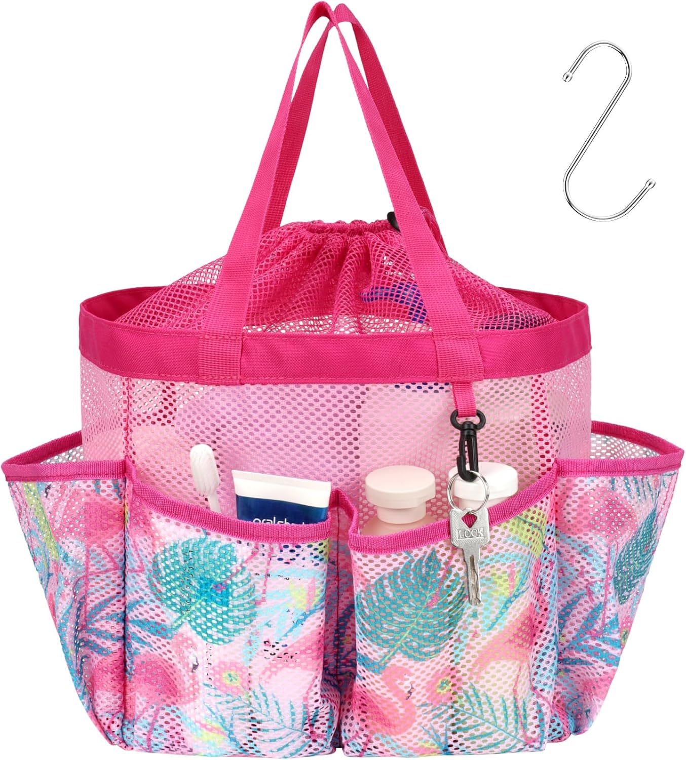F-color Mesh Shower Caddy Portable with Drawstring - Upgrade Deeper 7 Pockets Dorm Room Essentials for Guys Girls with S Hook, Shower Bag Basket Tote for College Camping Bathroom, Pink Flamingo