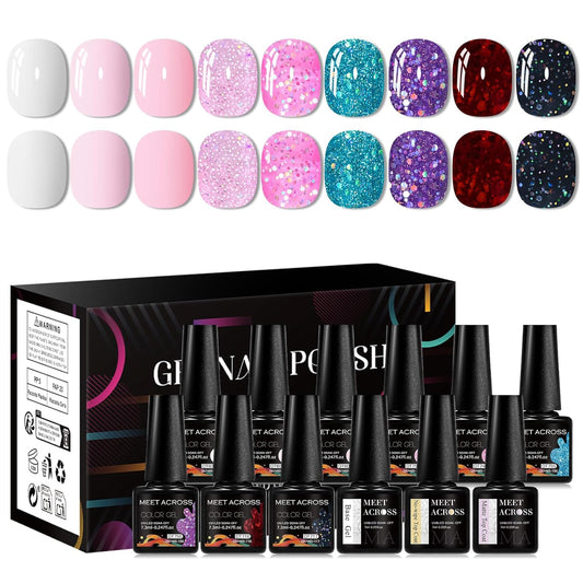 MEET ACROSS 9 Colors Gel Nail Polish + 3PCS Function Gel Nail Polish Kit,Fashion Nail Art Set Design Gifts for Women Manicure Salon (SET20, 12pcs)