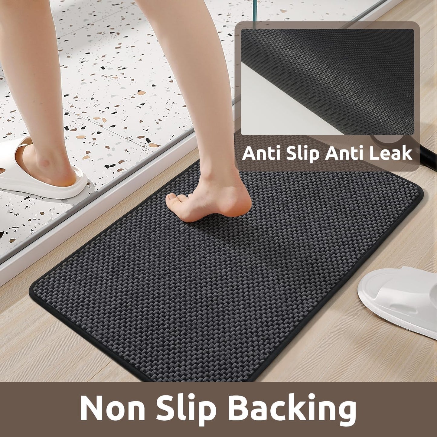 AMOAMI Chenille Bath Mat Super Absorbent Bathroom Mat Quick Dry Bath Mats for Bathroom Rubber Backed Bathroom Rugs Non Slip Washable Fit Under Door, Front of Bathtub, Sink, Darkgrey&Black 24"x36"