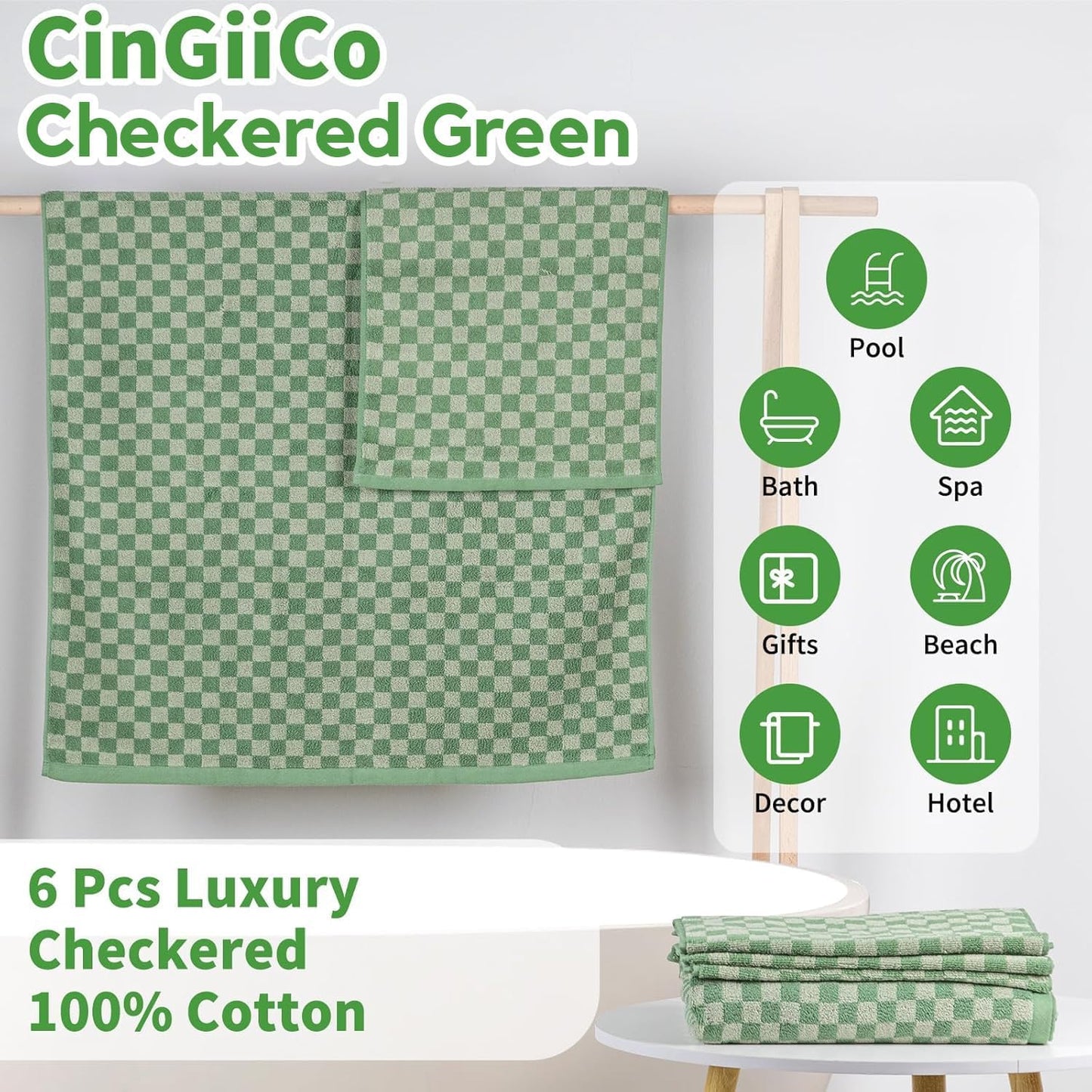Checkered Bath Towels Set of 6 Large, 520GSM, 100% Cotton Shower Towels * 2 (55.12"*27.56"), Hand Towels * 4 (29.52"*13.77"),Towels for Bathroom、Pool、Hotel, Spa, Soft Absorbent（Dark Green