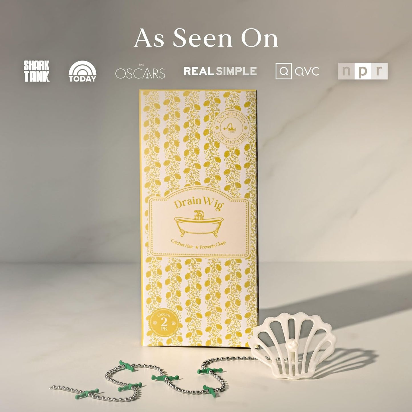 DrainWig Shower Drain Hair Catcher – Disposable White Ocean (4-Pack) – No-Touch Hair Removal for Flat Shower Drains – As Seen on Shark Tank