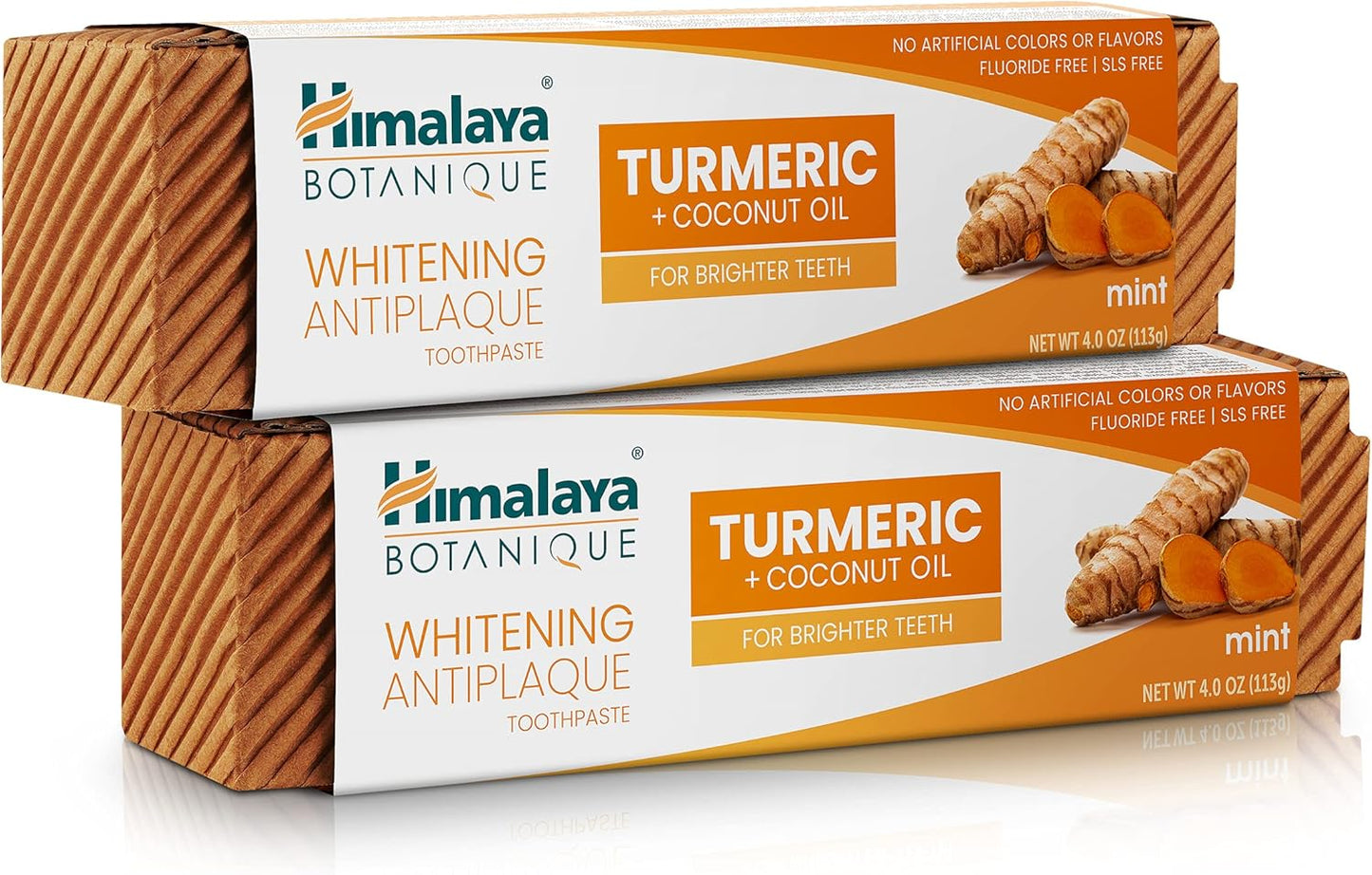 Himalaya Botanique Turmeric & Coconut Oil Whitening Antiplaque Herbal Toothpaste, Whitens Teeth, Fluoride Free, No Artificial Flavors, SLS Free, Vegan, Cruelty Free, Foaming, Mint Flavor, 4 Oz, 2 Pack