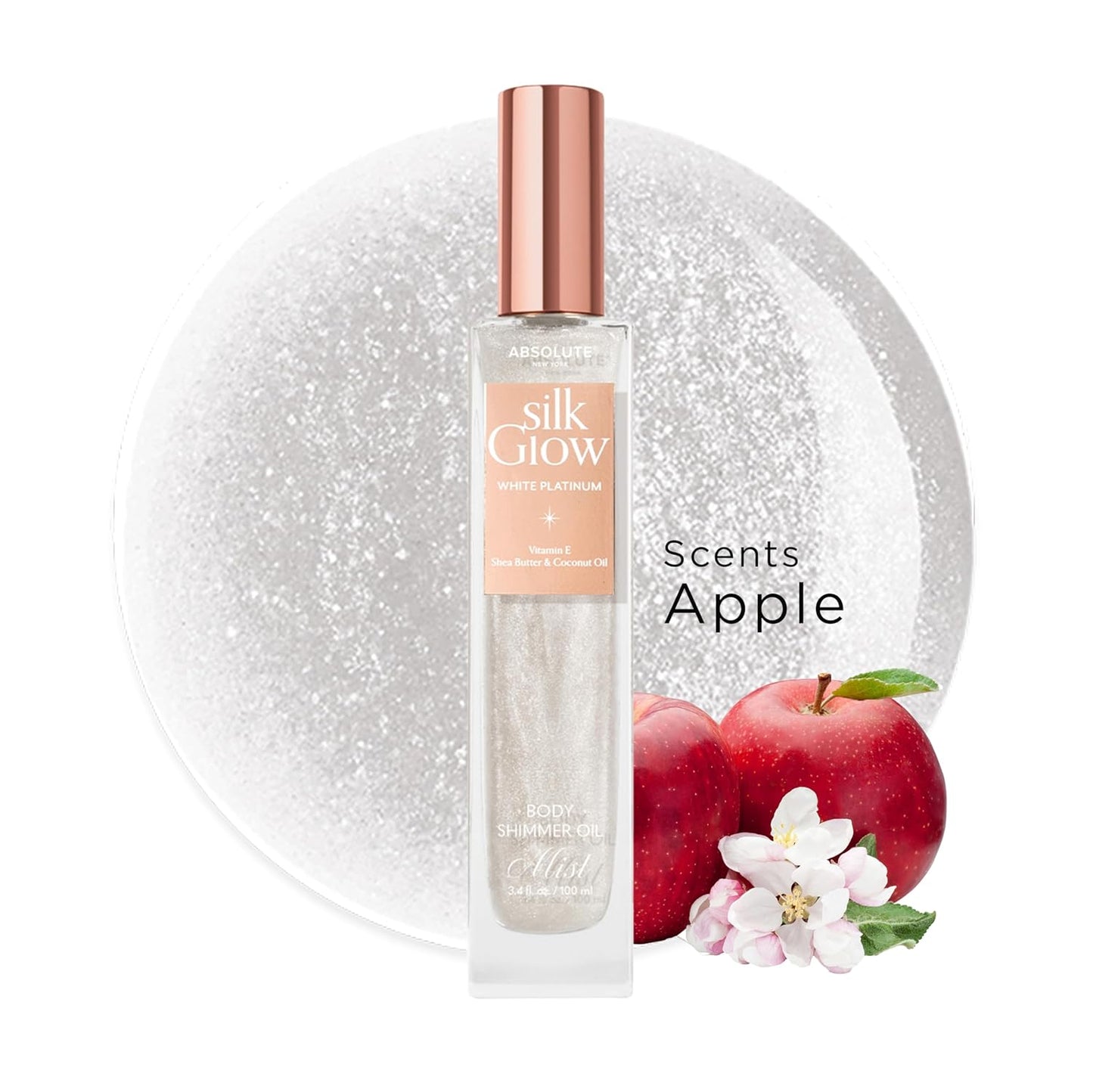 Absolute New York - Silk Glow Shimmer Mist Glow, Radiant, Shimmer Body & Face & Hair, Shea Butter, Coconut Oil, Vitamin E (SBGS02 Rose Gold Mist, 3.4 fl oz)