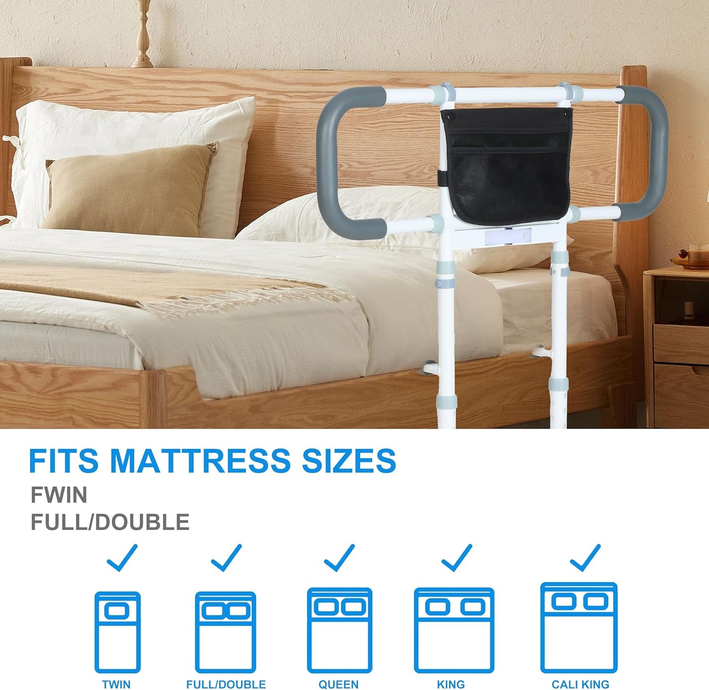 Bed Rails for Elderly Adults Safety - Elderly Assistance Products, Bedrails for Rlderly Adults Grab Bar Bed Handrails, Bed Rail with Pocket, Motion Sensor Light Fits King, Queen, Full, Twin (White)