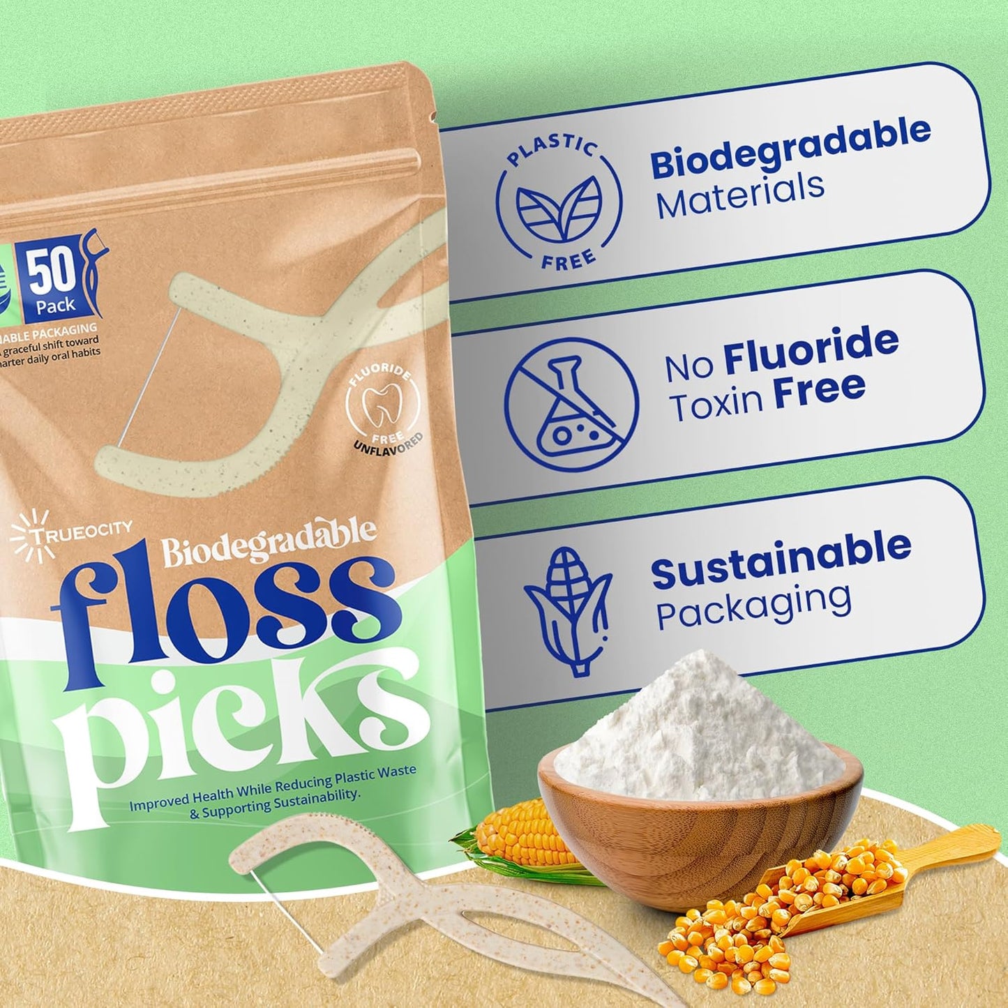 Biodegradable Floss Picks, Natural & Organic Floss Picks, Eco-Friendly Tooth Flossers, Ideal for Adults, Gentle & Effective Flossing, Fresh Breath, Sustainable Oral Care (100 Units)