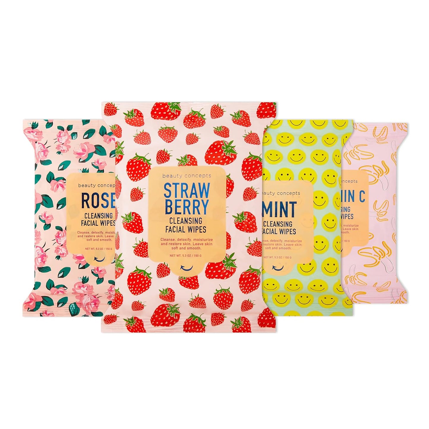 Beauty Concepts Facial Wipe Set - Packs of Face Wipes, Makeup Removing Wipes, Mint, Vitamin C, Strawberry, and Rose