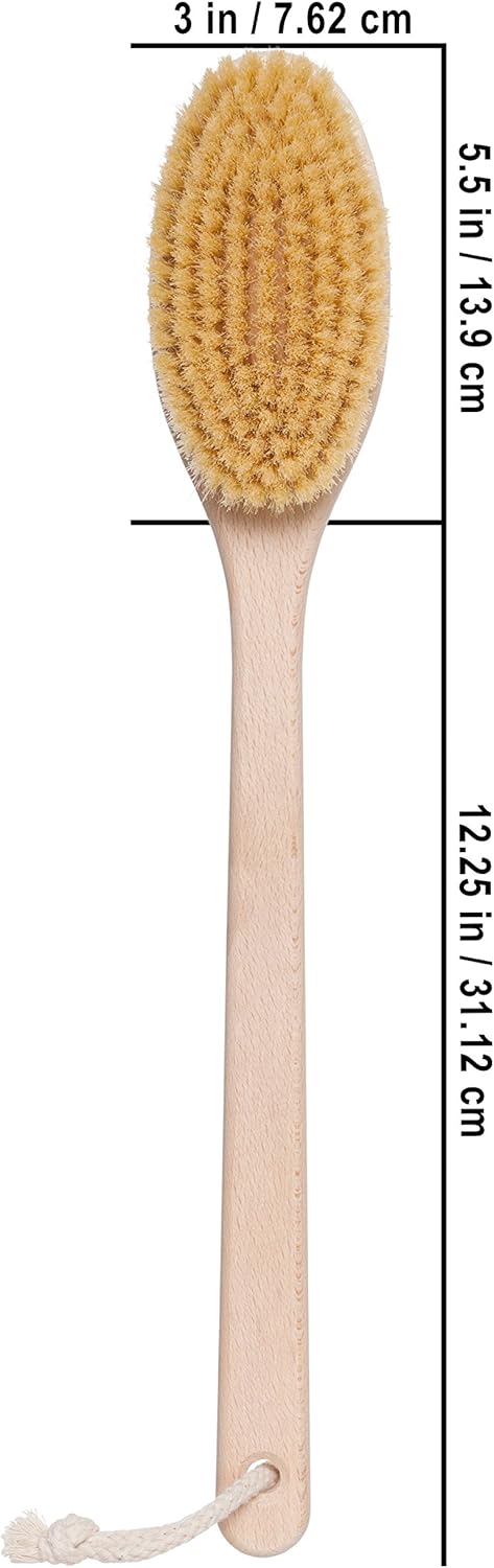 REDECKER Beechwood Bath and Shower Brush - Boar Bristle Back Brush Shower - 17-3/4 inch Handle for Hard-to-Reach Areas - Natural Pig Bristle Fibers Remove Dead Skin - Long Handled Bristle Shower Brush