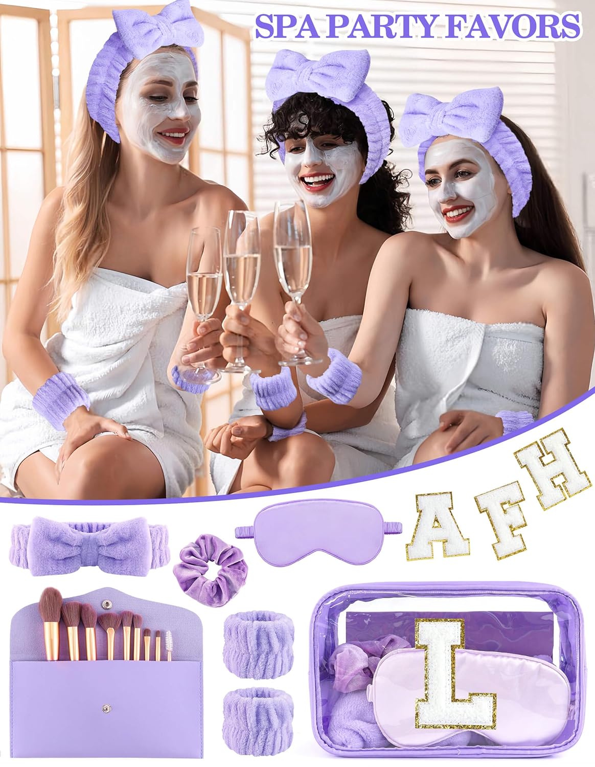 Gift Sets for Women, Initial Makeup Bag with Makeup Brush Set Bachelorette Party Favors, Purple Spa Kit with Skincare Headbands Wrist Bands Sleepover Party Supplies Gifts for Teen Girls Bridesmaid L