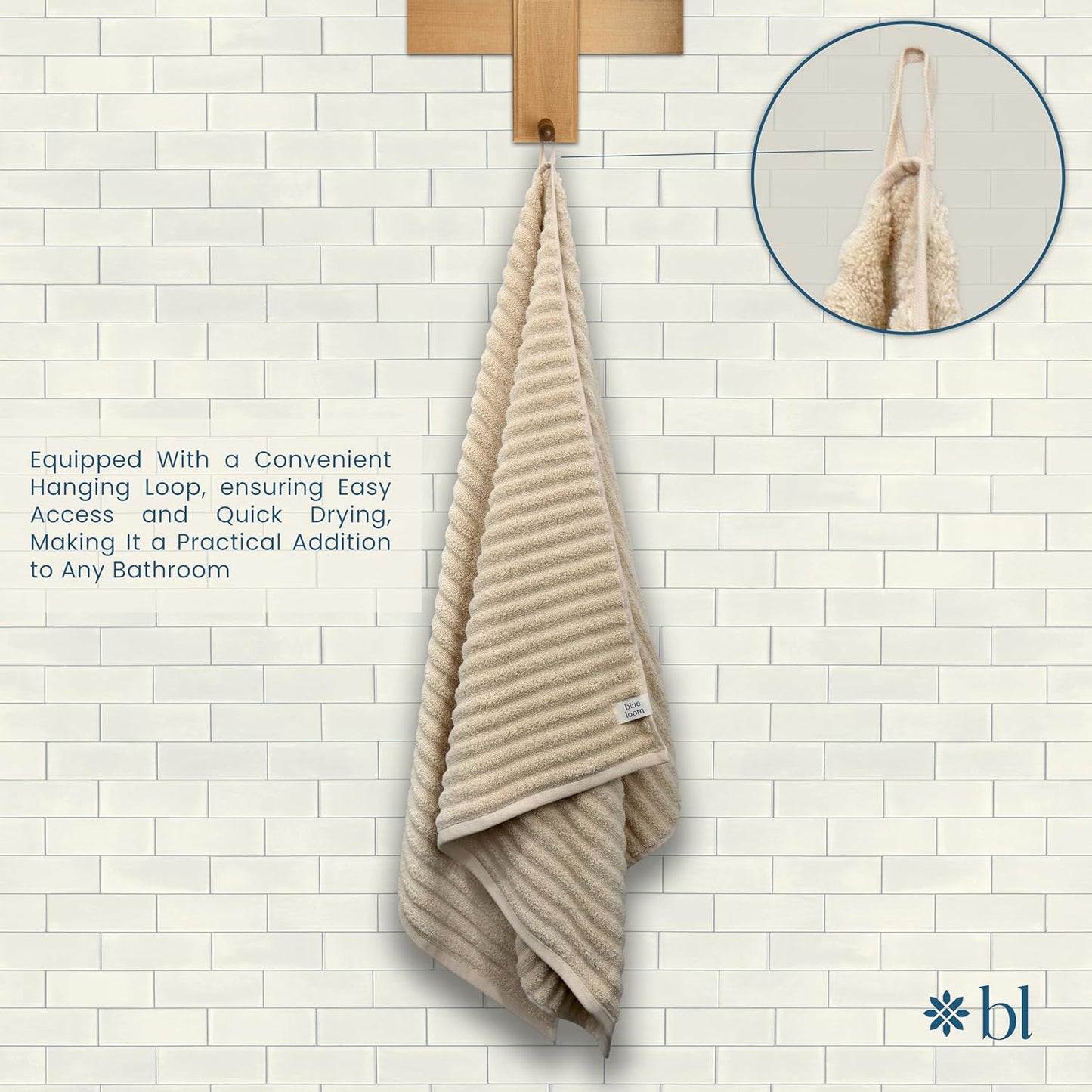 Blue Loom Ribbed Hand 2 Towels Set, 100% Cotton 600GSM, Soft Absorbent Durable Quick Drying for Bathroom - Mason 2 Piece 18" x 30" - Ivory