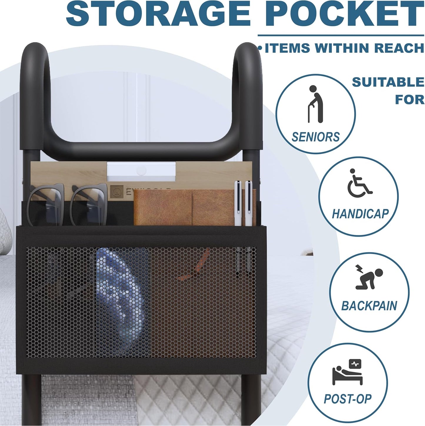 Bed Rails for Elderly Adults Safety - Bed Assist Rail with Height-Adjustable Handle - Bedside Hand Guard Grab Bar with Motion Light and Storage Pocket - Bedside Assist Bar Fits All Bed Sizes