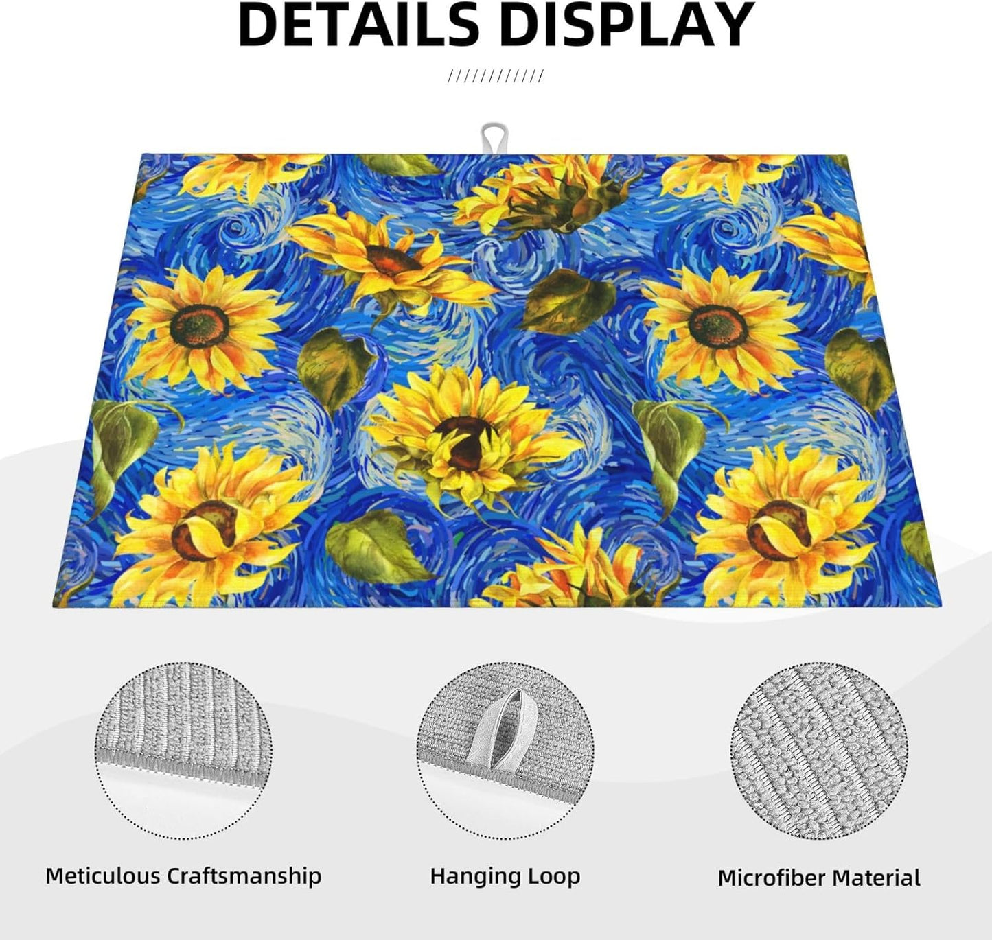 Starry Night Sunflower Blue Dish Drying Mat For Kitchen Counter Absorbent Large Kitchen Fast Dry Pad Reusable Washable Protector Rack Large Mat 18 X 24