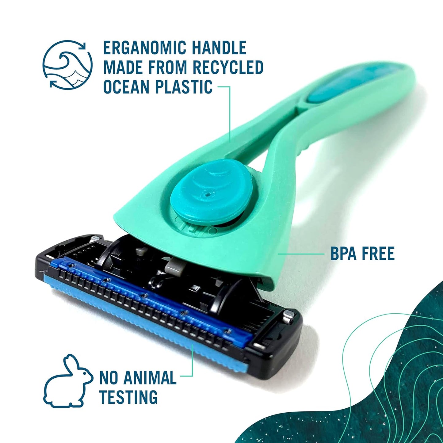 Preserve POPi Shave 5 Razor System Made with Recycled Ocean Plastic and 5-blade cartridge, Neptune Green