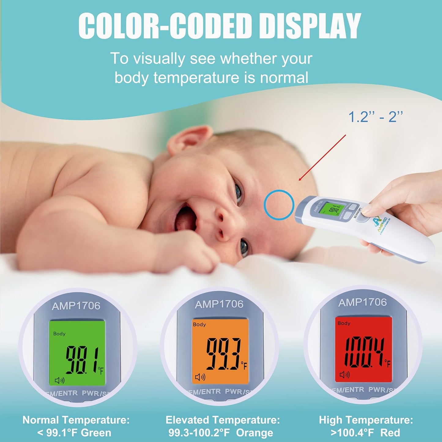 Amplim Non-Contact Forehead Thermometer for Kids and Adults. AmpMed No-Touch Baby Head Temporal Thermometer. Touchless Digital Fever Thermometer for Accurate Temperature Reading (White Blue)