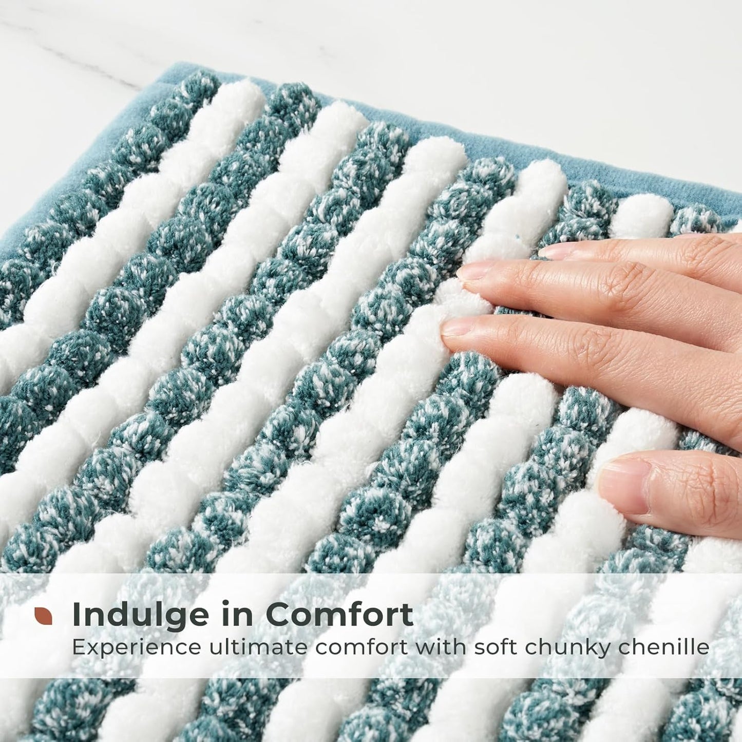 FRESHMINT Chunky Ombre Chenille Bathroom Rug 20"x32", Water Absorbent Soft Bath Rugs for Bathroom Floor, Thick Non Slip Bath Mat Washable Quick Dry Shower Mats, Aqua Blue and White