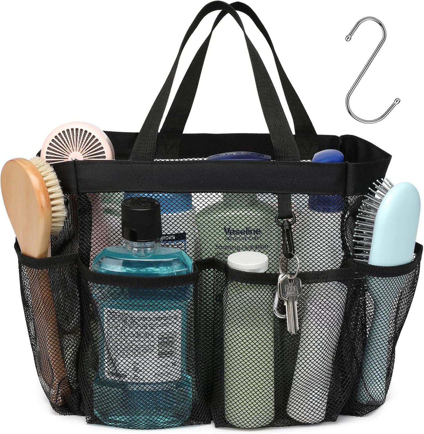 F-color Mesh Shower Caddy Portable, Upgrade Deeper 7 Pockets Shower Bag Basket Tote for College Dorm Room Toiletry Bathroom Essentials Gym Camp Quick Dry 2 handles with S Hook, Black