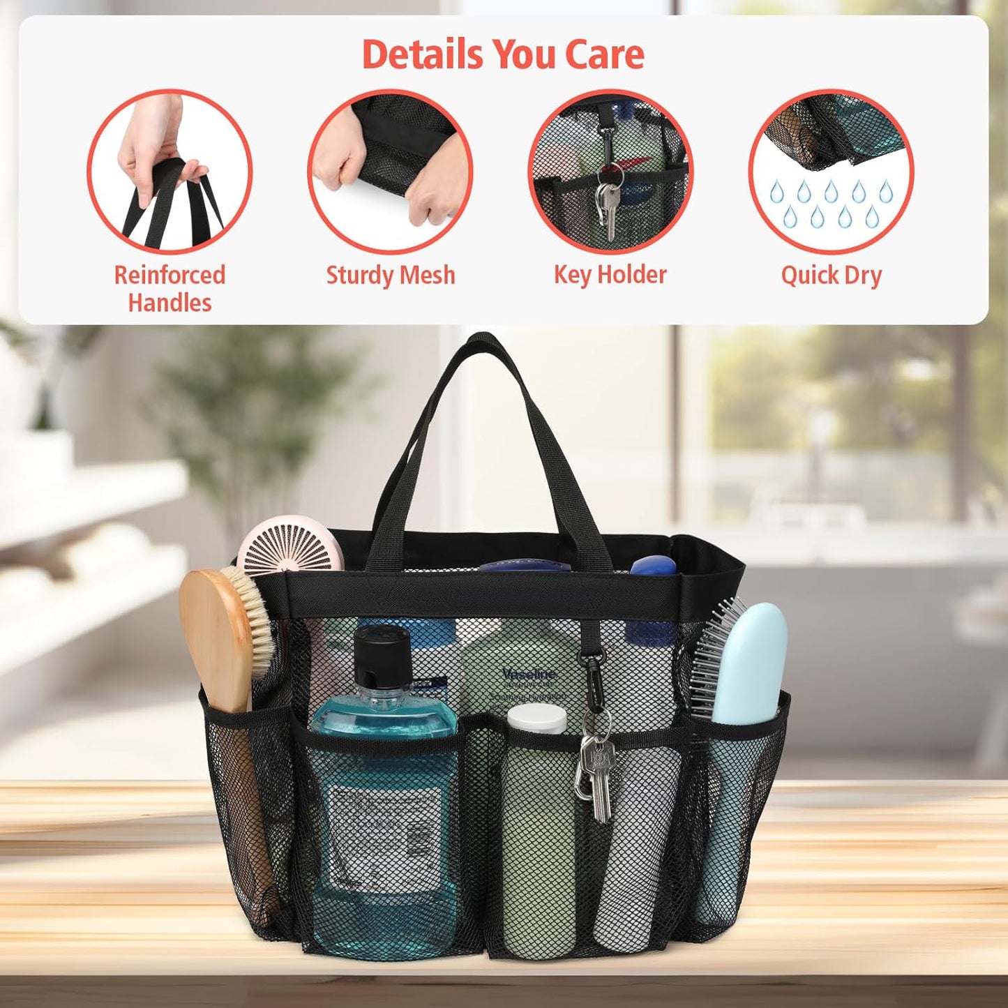 F-color Mesh Shower Caddy Portable with Dividers - Upgrade Deeper 7 Pockets Dorm Room Essentials with S Hook, Shower Bag Basket Tote for Guys Girls College Camping Toiletry Bathroom, Black