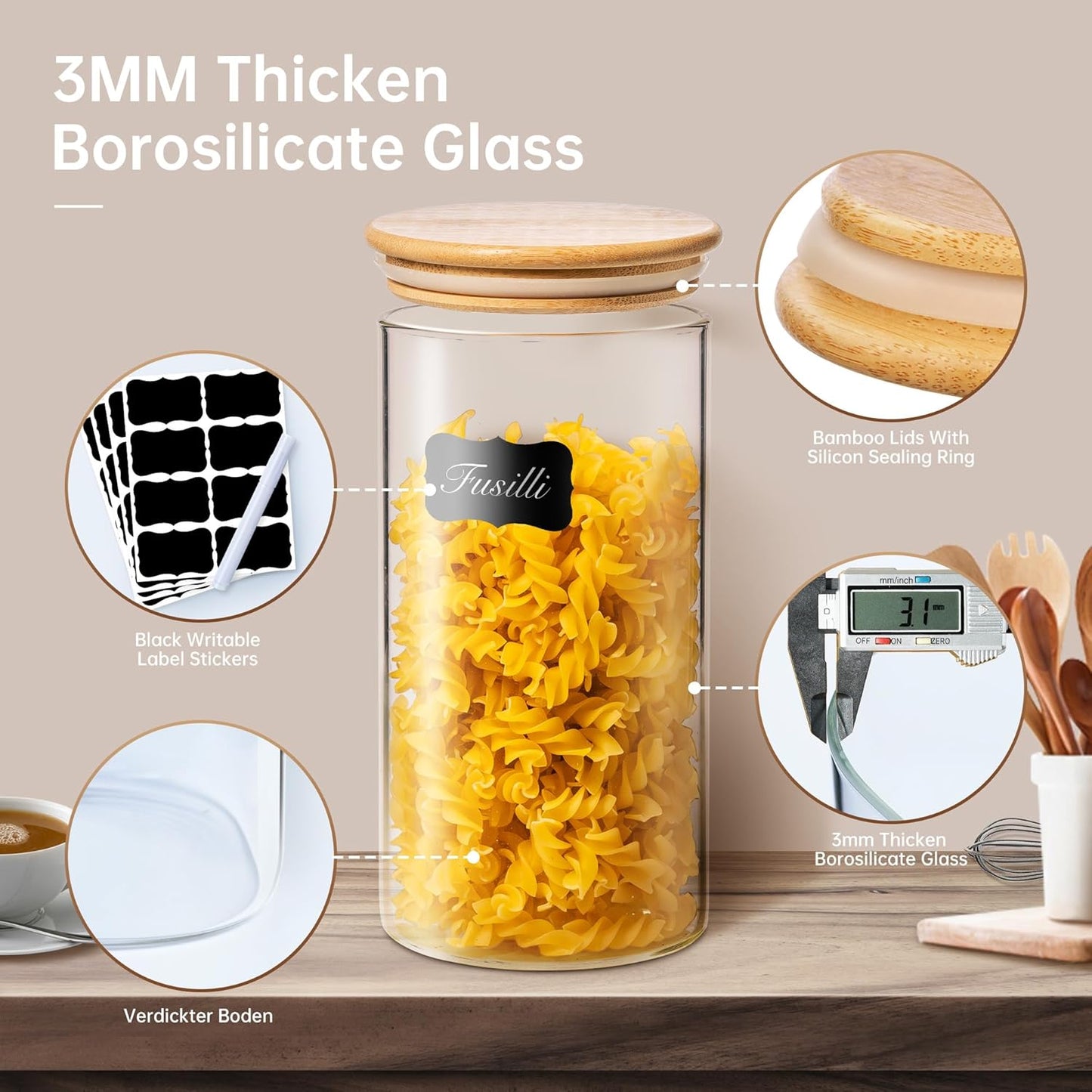 17oz - 4 Pack Glass Jars with Bamboo Lids, Glass Food Storage Containers with Airtight Lids, Air Tight Pantry Storage Containers for Coffee, Sugar, Spice, Meal Prep Jars for Salad & Fruit