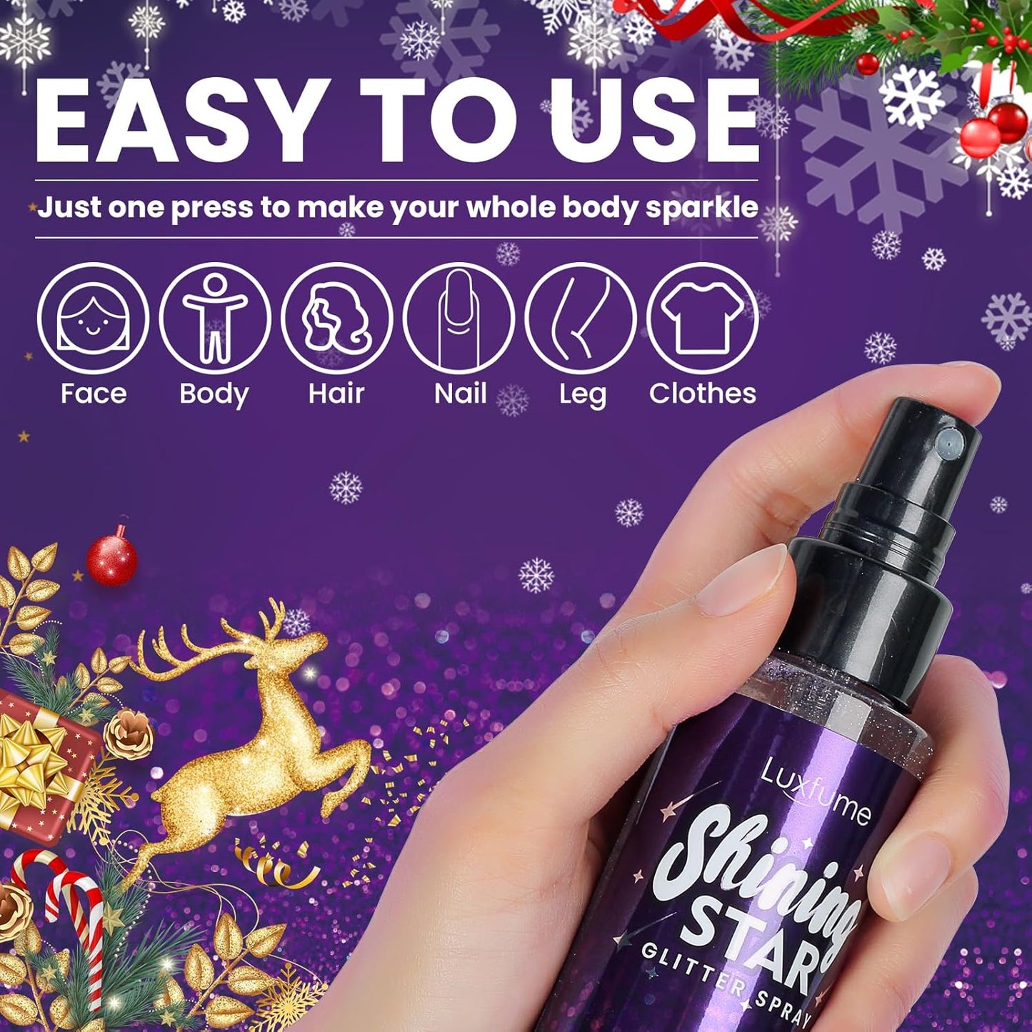 Body Glitter Spray, Glitter Hairspray, Purple Body Glitter Spray, Quick-Drying and Waterproof Glitter Hairspray, Nozzles are not Easily clogged, Long-Lasting Body Shiny for Stage Makeup, 3.38Oz