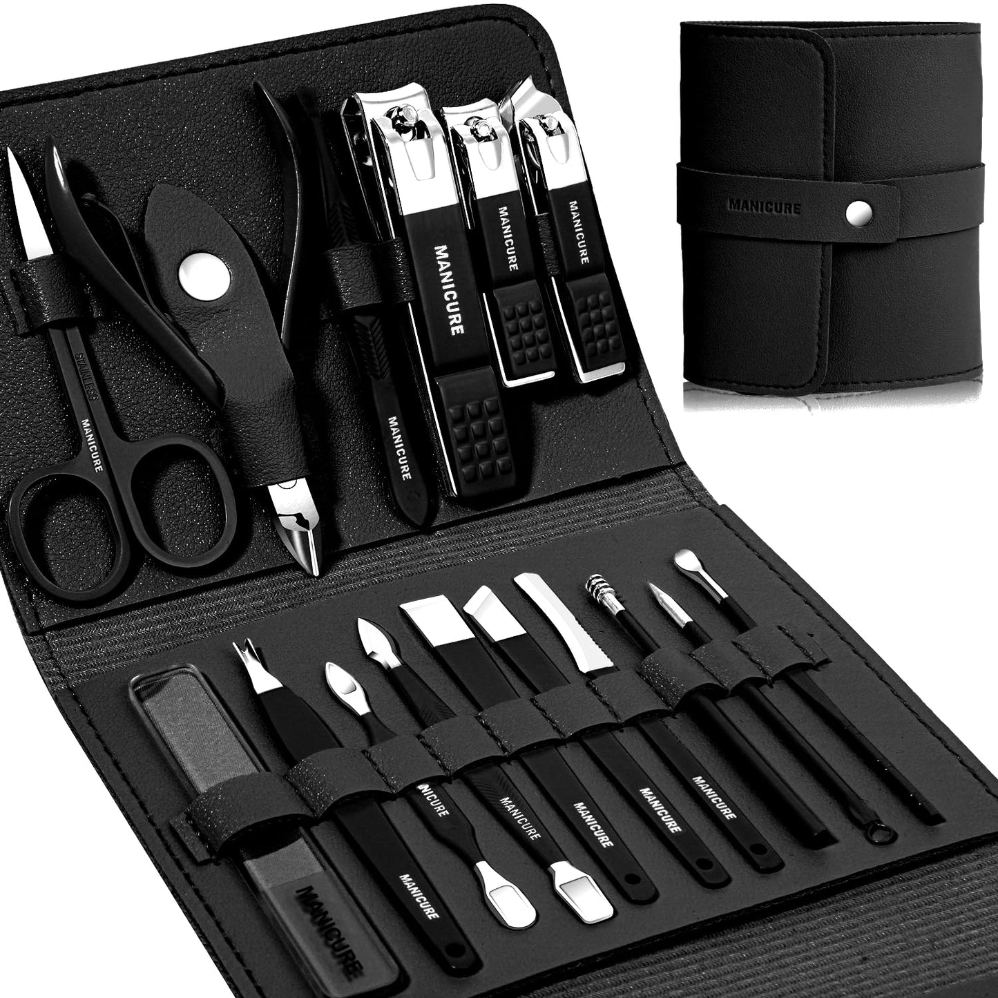 Manicure Set Professional Nail Clippers Pedicure Kit, 16 pcs Stainless Steel Nail Care Tools Grooming Kit with Luxurious Travel Leather Case for Thick Nails Men Women Gift (Black)