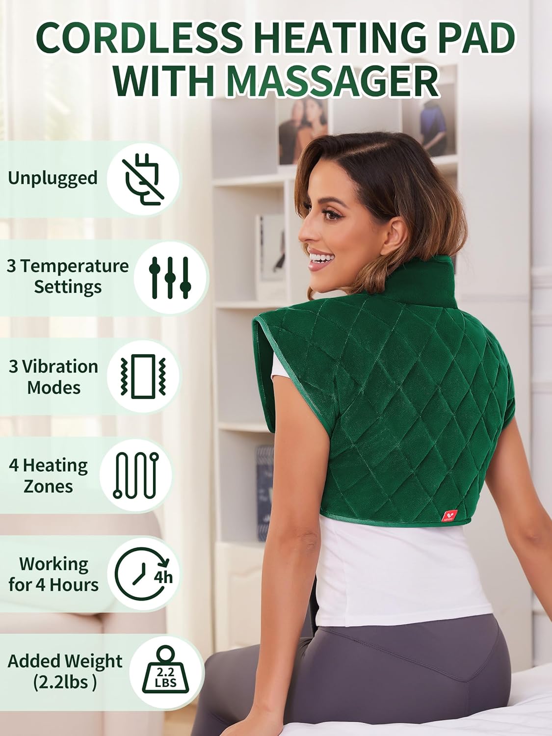 Vofuoti Heating Pad for Neck and Shoulders, Portable Heating Pad with Massager and Battery, Weighted Electric Heated Neck Shoulder Wrap, 16'' x 22'', 2.2lbs