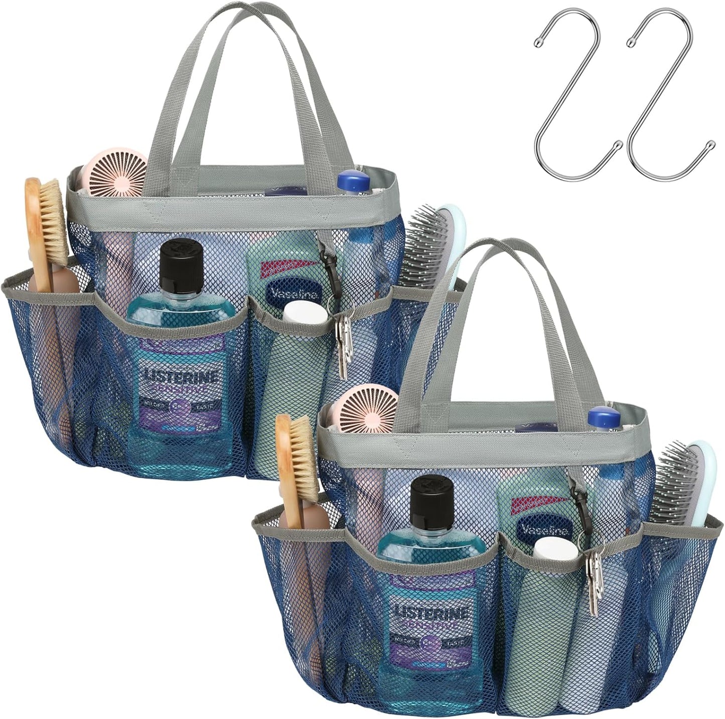 F-color Mesh Shower Caddy Portable - 2 Handles Upgrade Deeper 7 Pockets Basket Bag Tote for College Dorm Room Toiletry Bathroom Essentials Gym Camp Quick Dry with S Hook, 2 Pack Blue