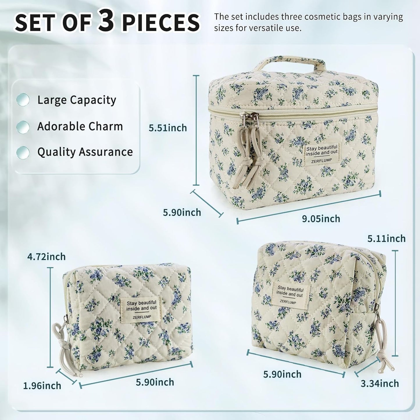 Cute Quilted Floral Makeup Bag(3Pcs)，Coquette Aesthetic Cosmetic Bag，Travel Toiletry Bags， Kawaii Aesthetic pouch for Women (4 - Little Blue Flower)