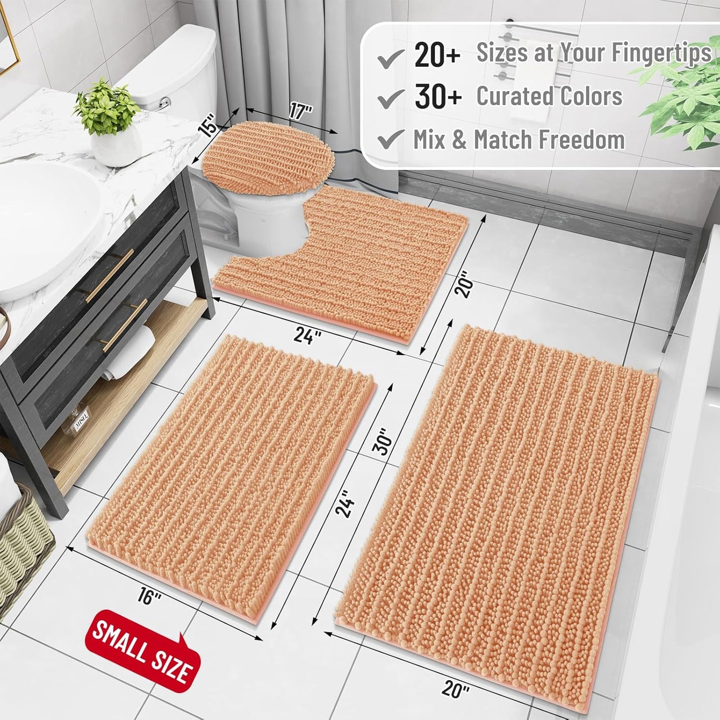 Arotive Luxury Chenille Bathroom Rug Mat, Extra Soft Thick Absorbent Shaggy Bath Rugs, Non-Slip Machine Wash Dry, Plush Bath Mats for Bathroom, Shower and Tub, 24x16, Peach