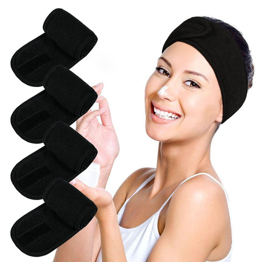 Facial Spa Headbands 4PCS, Makeup Shower Bath Wrap Sport Headband Terry Cloth Stretch Towel with Magic Tape (Black)
