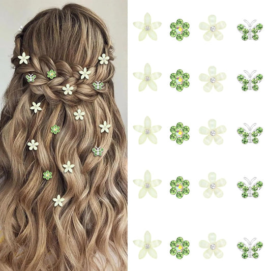 YISSION 20 Pcs Mini Flower Hair Clips Rhinestone Butterfly Hair Pins Small Decorative Hair Clips Wedding Hair Barrettes Green Hair Clips Bridal Flower Girl Hair Accessories for Girls Women