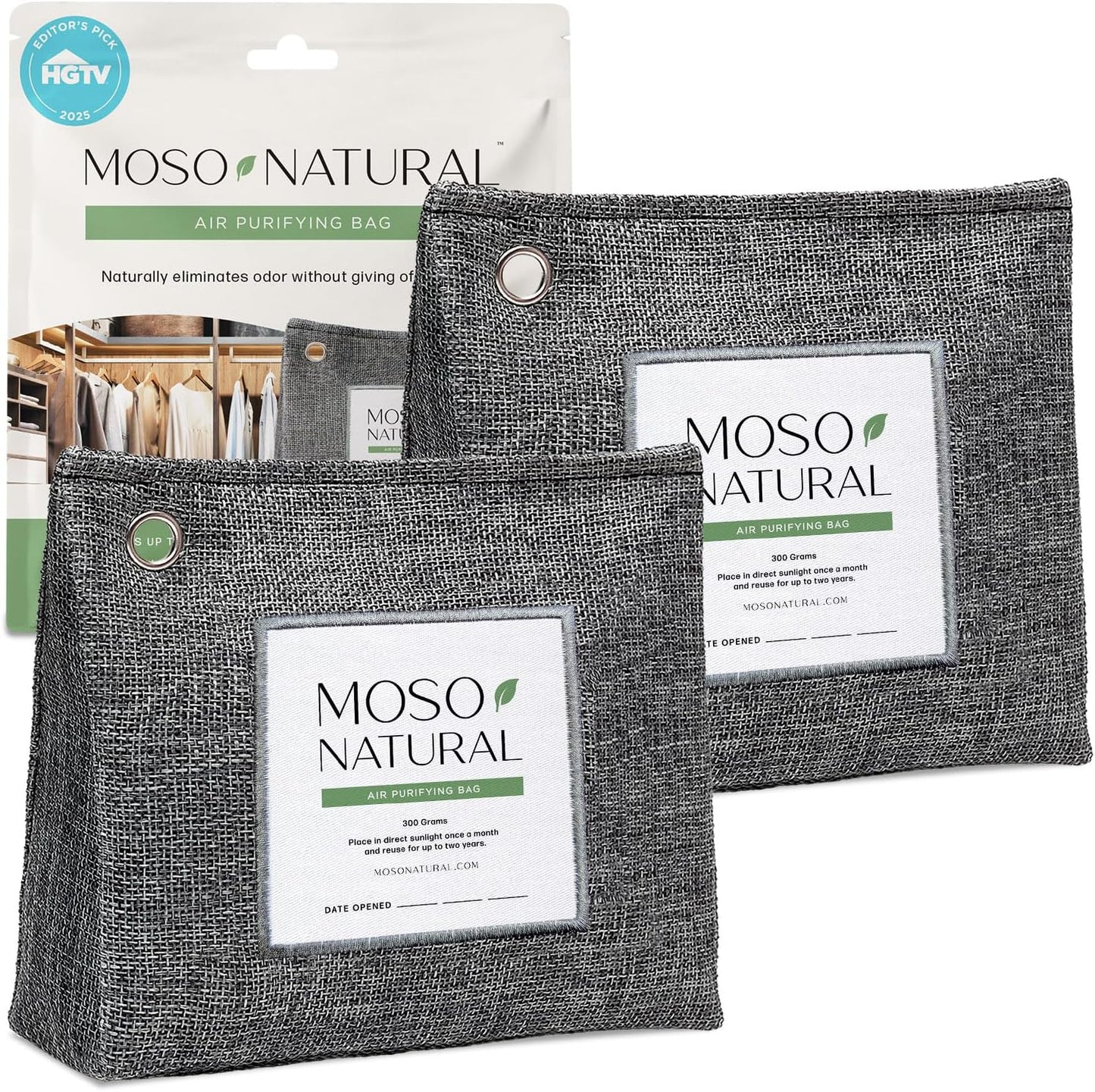 Moso Natural Air Purifying Bag 300g (10.58oz) Premium Bamboo Charcoal Odor Absorber for Home & Pet, Closet Odor Eliminator & Small Room Deodorizer, Unscented Charcoal Bags Last 2 Years (2 Pack)