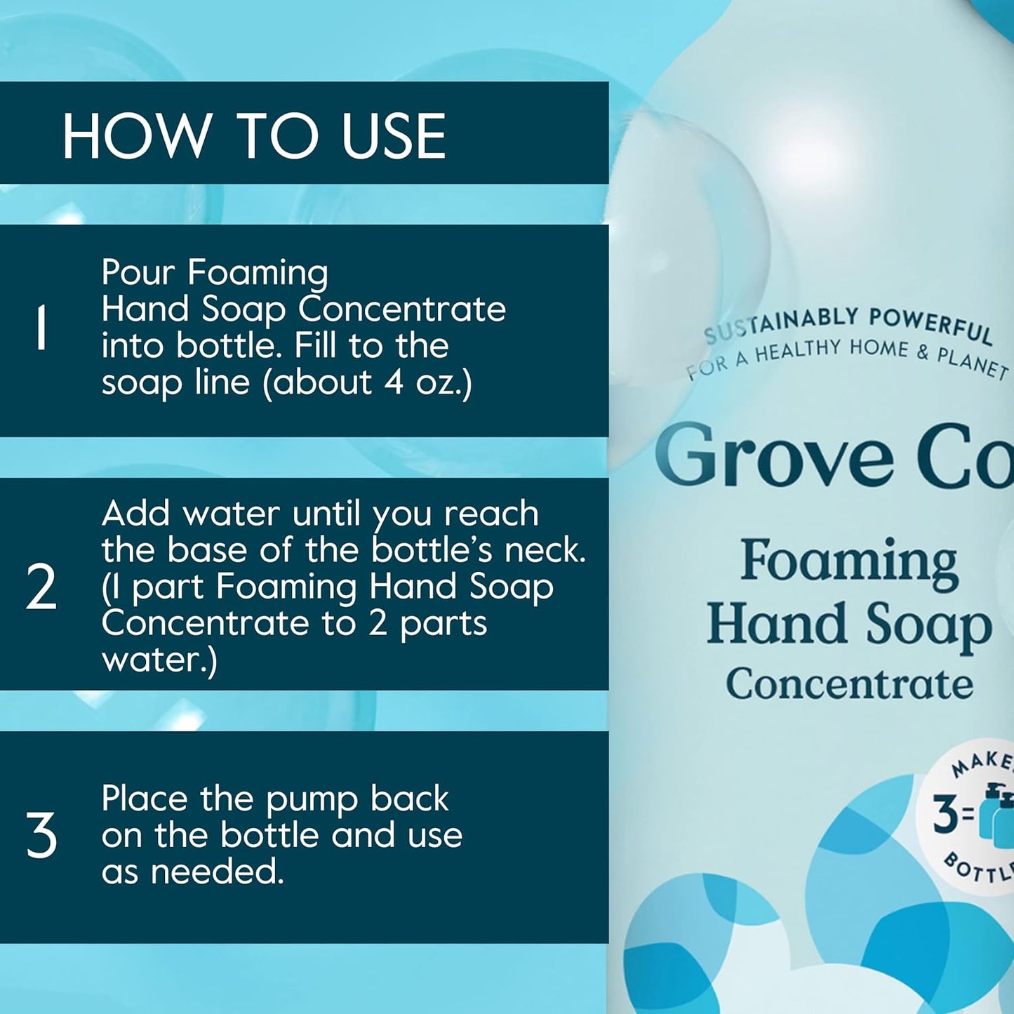Grove Co. Foaming Hand Soap Concentrate (12 Fl Oz) + Reuseable Glass Soap Dispenser, Plastic Free and Liquid Refillable Starter Kit, Free & Clear Unscented