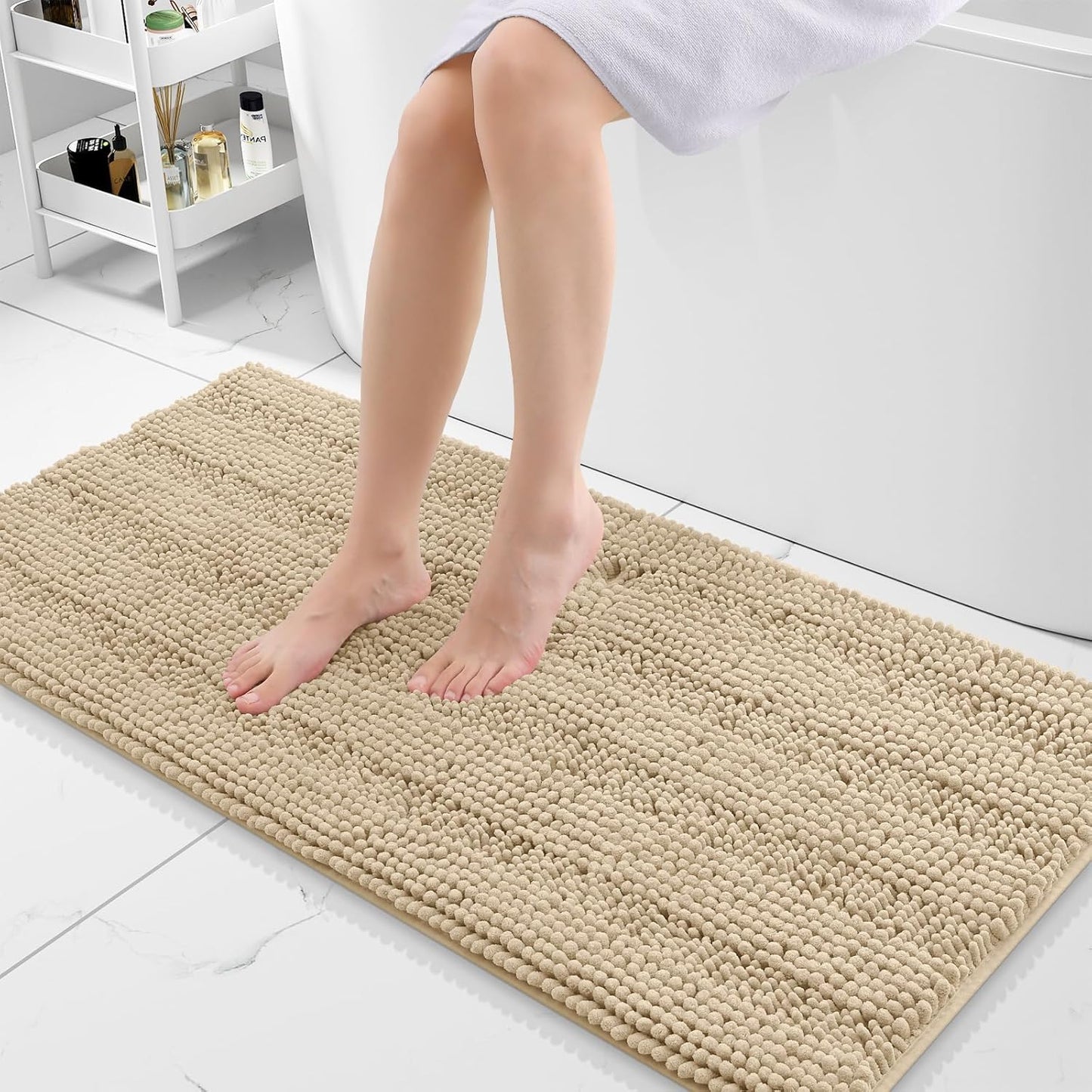 Grandaily Chenille Striped Bathroom Rugs 47x20, Extra Thick and Absorbent Bath Mats, Non-Slip Soft Plush Shaggy Shower Carpet, Machine Wash Dry, Bath Rug for Bathroom, Beige