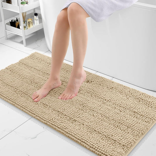 Grandaily Chenille Striped Bathroom Rugs 47x20, Extra Thick and Absorbent Bath Mats, Non-Slip Soft Plush Shaggy Shower Carpet, Machine Wash Dry, Bath Rug for Bathroom, Beige