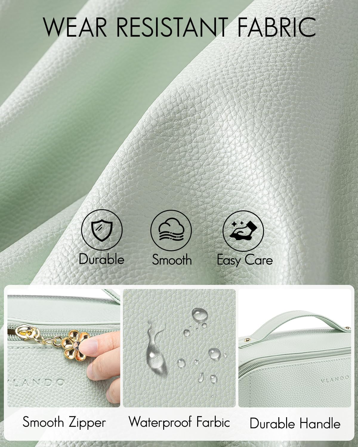 Vlando Makeup Bag,Large Capacity Toiletry Bag for Women Waterproof Portable Make up Pouch PU Leather Open Flat Cosmetic Bag(Mint Green)