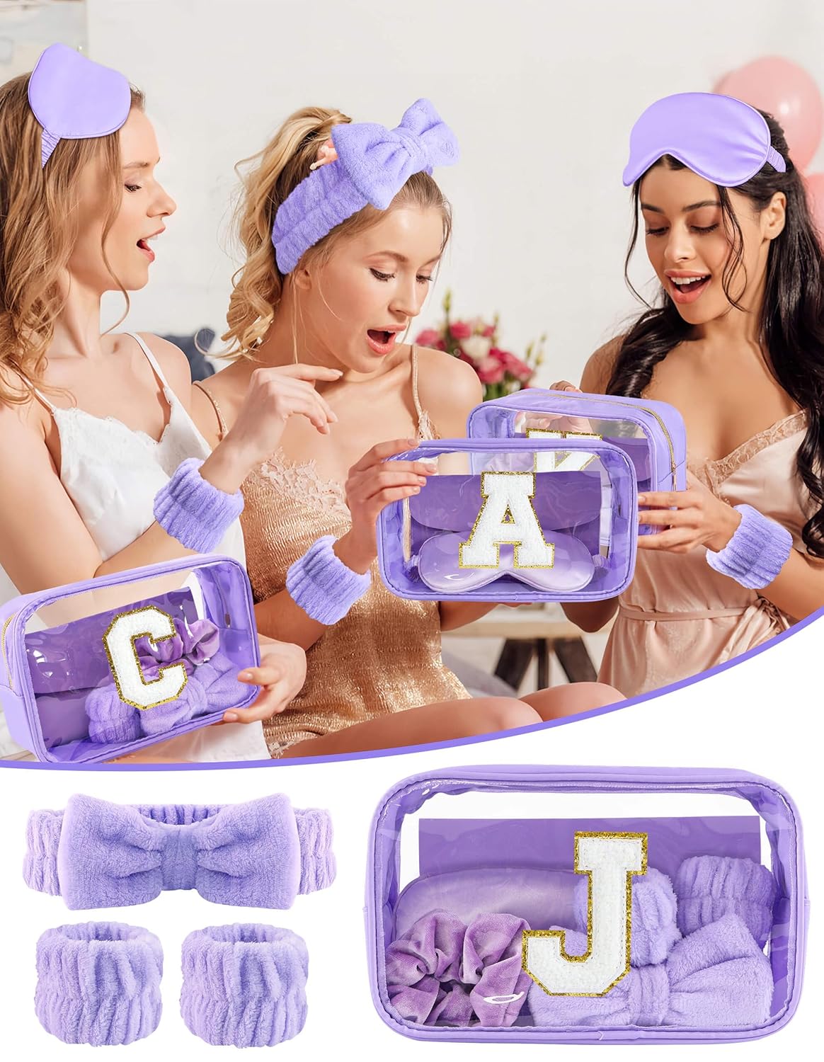 Gift Sets for Women, Initial Makeup Bag with Makeup Brush Set Bachelorette Party Favors, Purple Spa Kit with Skincare Headbands Wrist Bands Sleepover Party Supplies Gifts for Teen Girls Bridesmaid J