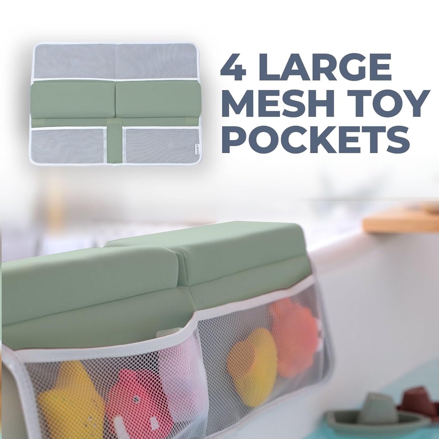 Comfortable Baby Bath Kneeler and Elbow Rest Pad Set – Thick Memory Foam Bath Kneeling Pad with Elbow Support – Baby Bathtub Cushion with Toy Organizer for Bathing Infant or Toddler - Green