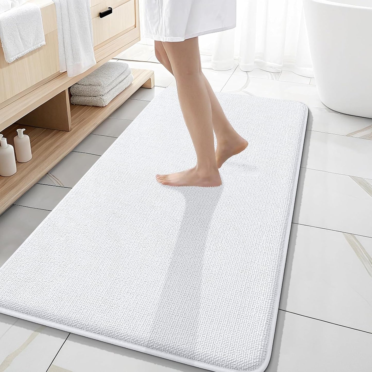 OLANLY Thick Memory Foam Bath Mat Rug 47x20, Extra Soft Absorbent Bathroom Rug, Quick Dry Bath Mats, Non-Slip, Machine Washable Carpet for Bathroom, Tub and Shower, Home Decor Accessories, White