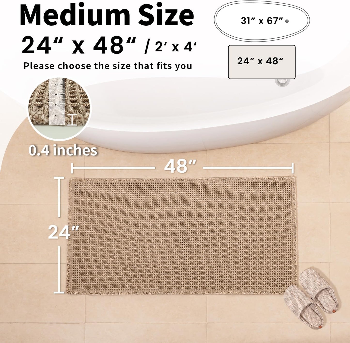 Waffle Bath Mat - Boho Bathroom Rugs Non Slip Washable, Super Absorbent & Quick Dry, Soft Bath Mat Farmhouse Bathroom Decor, 24'' x 48'', Khaki